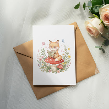 Cute fox wearing glasses reading a book on a mushroom.