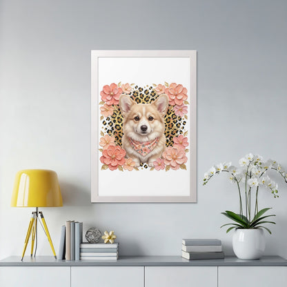 Framed art of a corgi wearing a bandana, surrounded by floral accents.