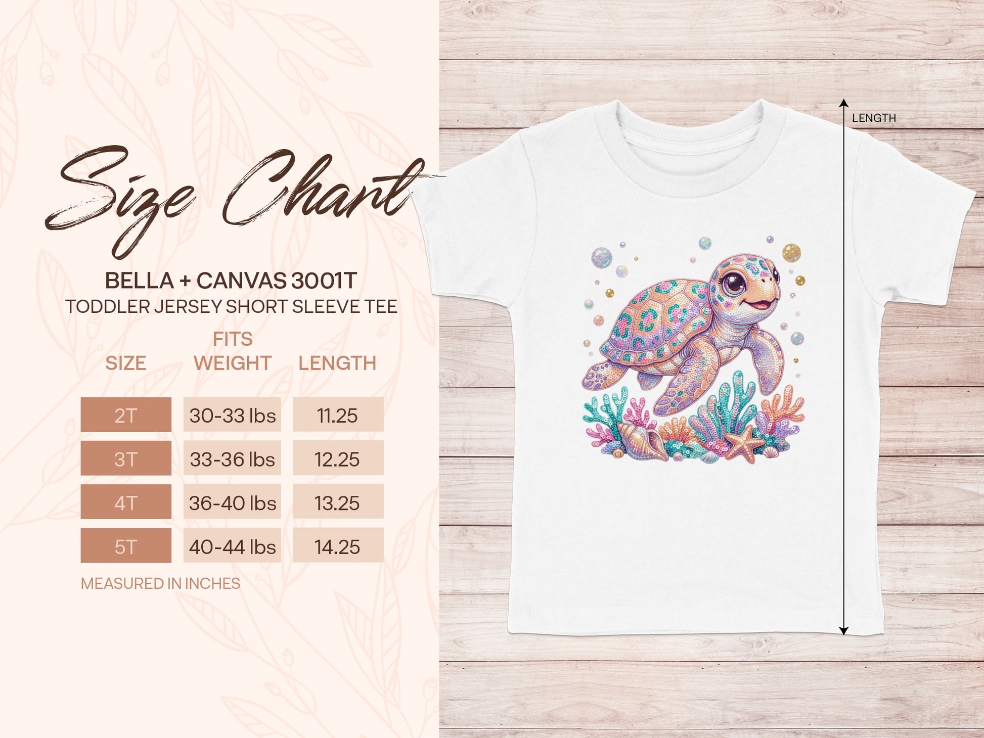 Size chart for toddler Bella + Canvas 3001T t-shirts with measurements.