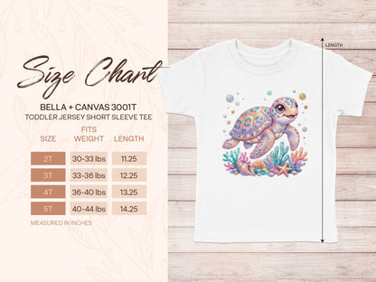 Size chart for toddler Bella + Canvas 3001T t-shirts with measurements.