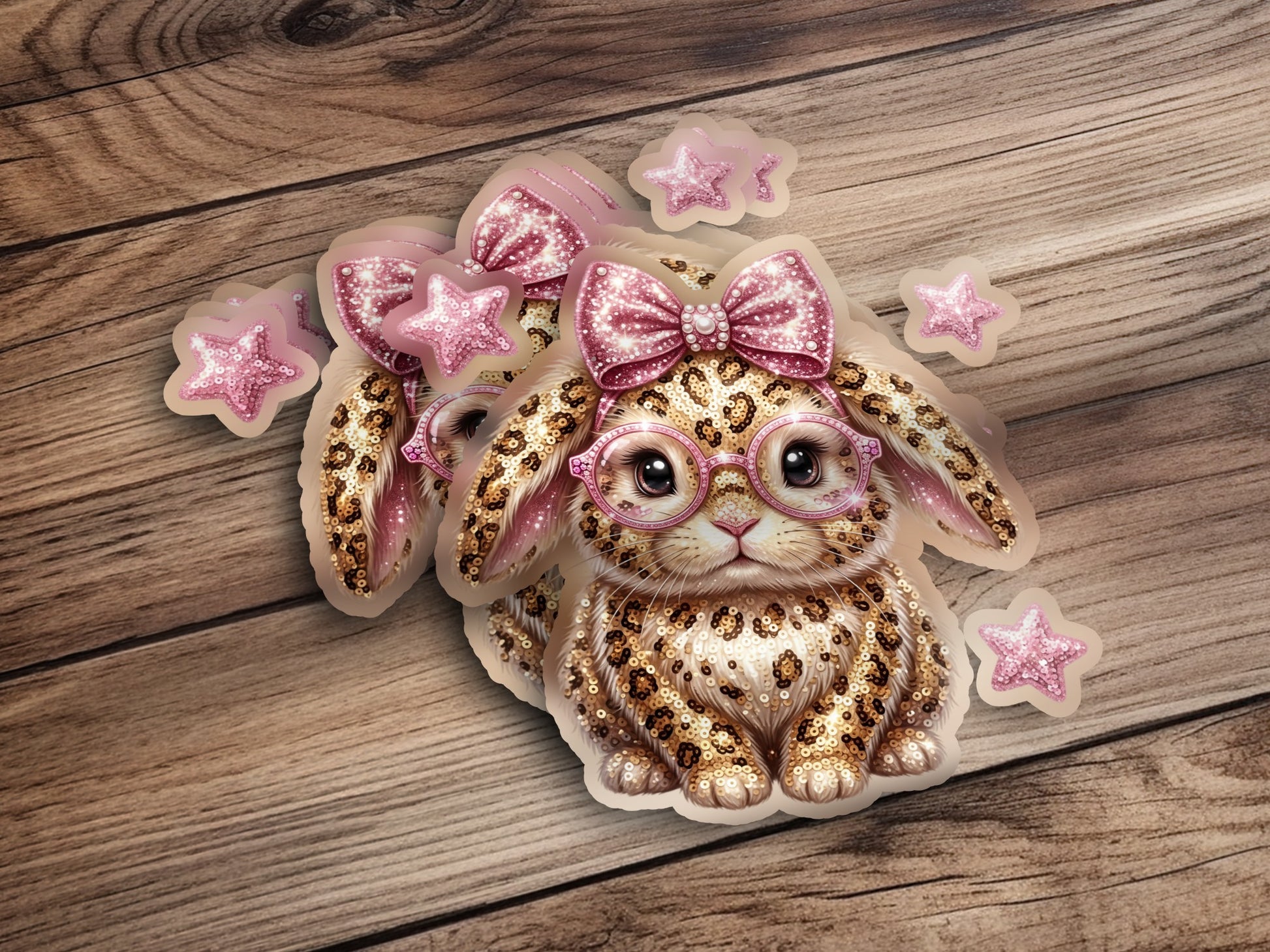 Cute leopard-print bunny sticker with pink bow and glasses.