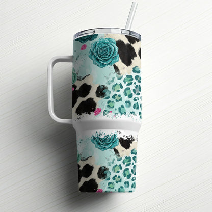 Tumbler with cow print, leopard print, and teal floral designs.