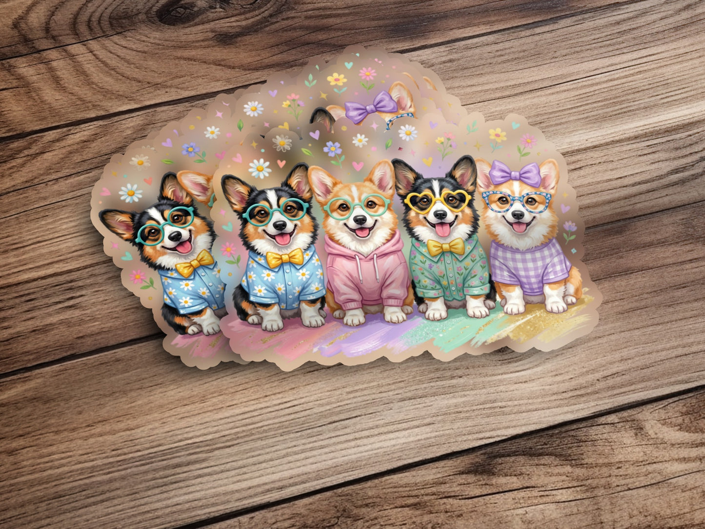 Five corgis in colorful sweaters and glasses sitting together.