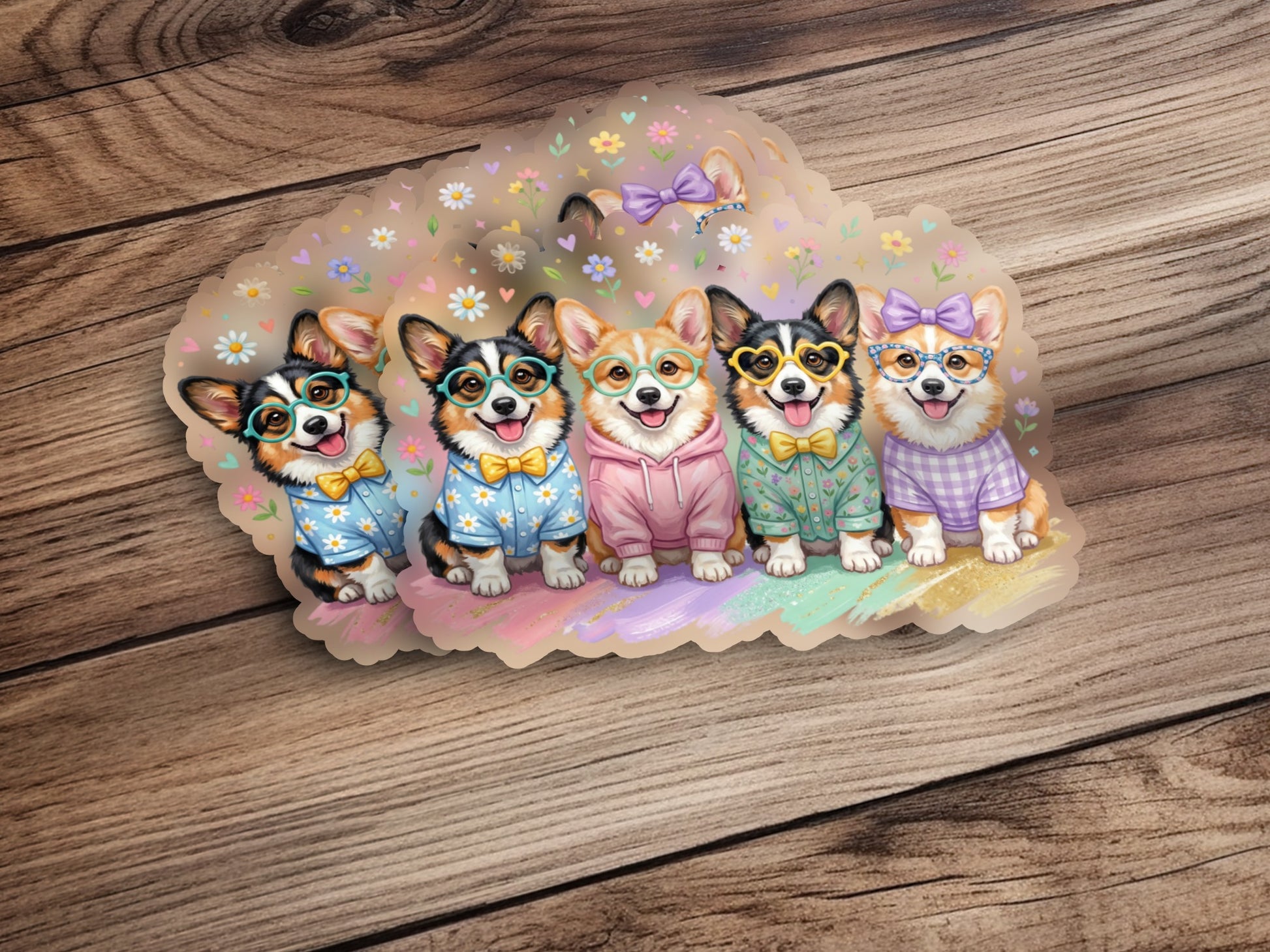 Five corgis in colorful sweaters and glasses sitting together.