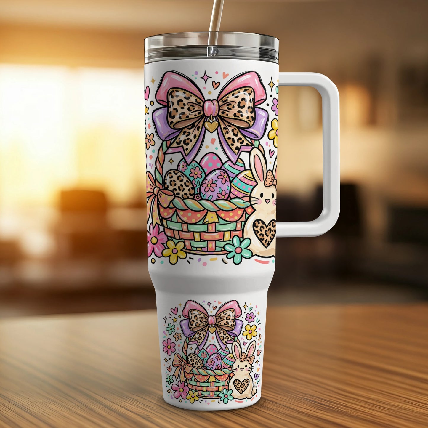 White tumbler with Easter basket, bunnies, and colorful eggs design.