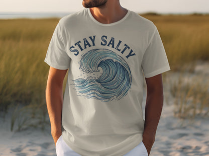 Light grey t-shirt with a blue wave graphic and "Stay Salty" text.