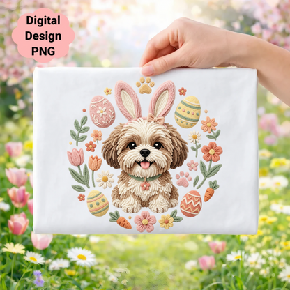 Embroidered Shih Tzu dog with Easter eggs, carrots, and flowers.