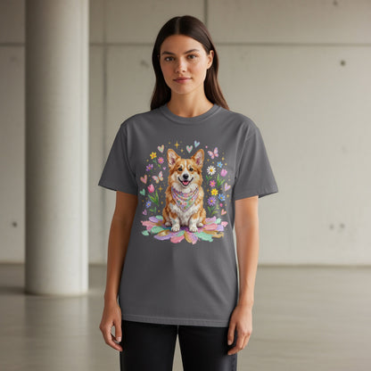 Dark grey t-shirt with a corgi dog wearing a bandana surrounded by flowers.