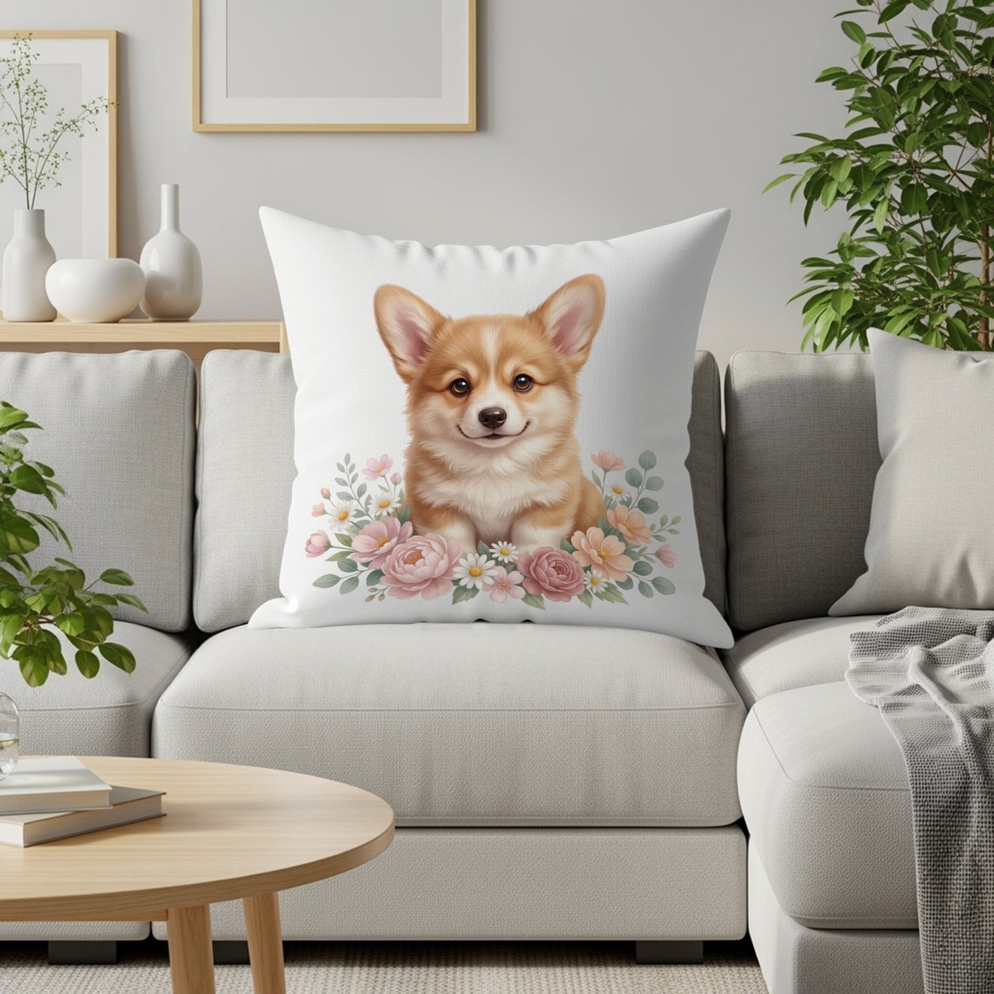 Pembroke Welsh Corgi puppy surrounded by pink and white flowers on a white pillow.