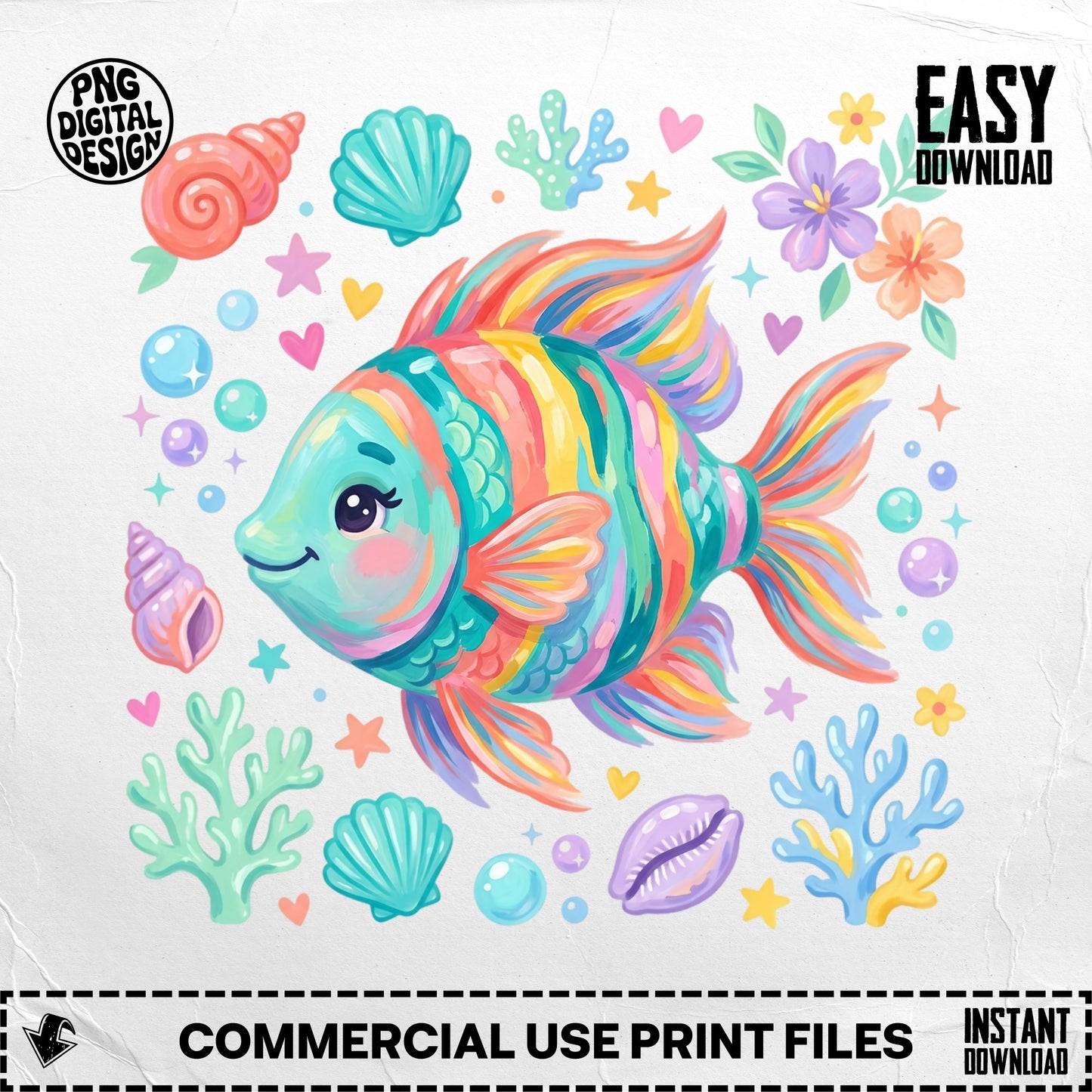 Colorful cartoon fish surrounded by seashells, coral, and flowers.