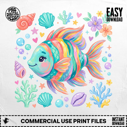 Colorful cartoon fish surrounded by seashells, coral, and flowers.