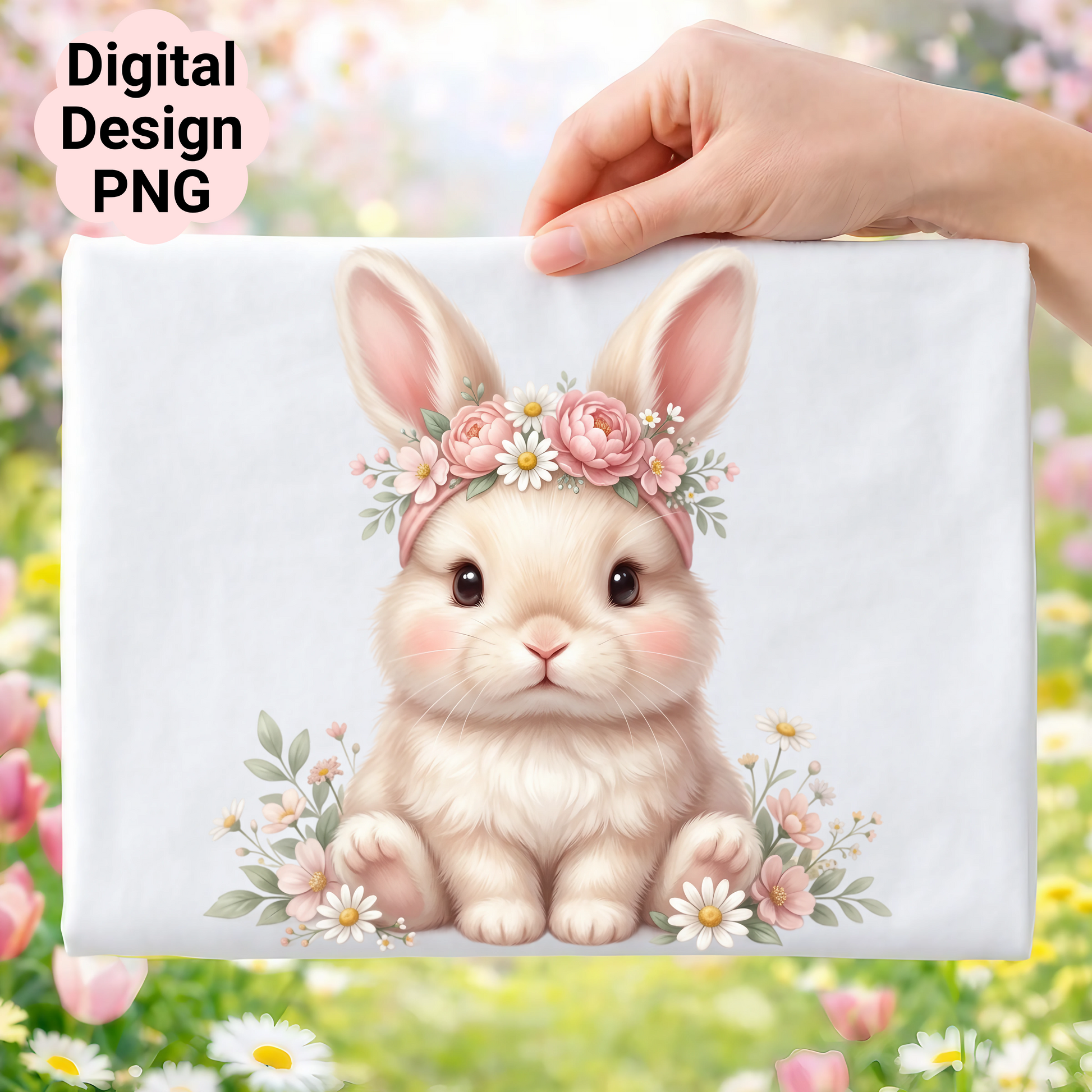 Cute bunny wearing a floral crown, sitting in a field of flowers.