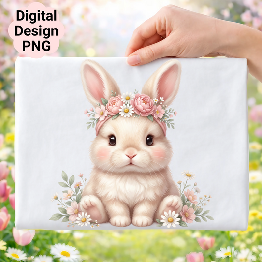 Cute bunny wearing a floral crown, sitting in a field of flowers.