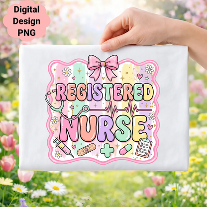 Registered Nurse design with stethoscope, bandage, syringe, and plus sign.