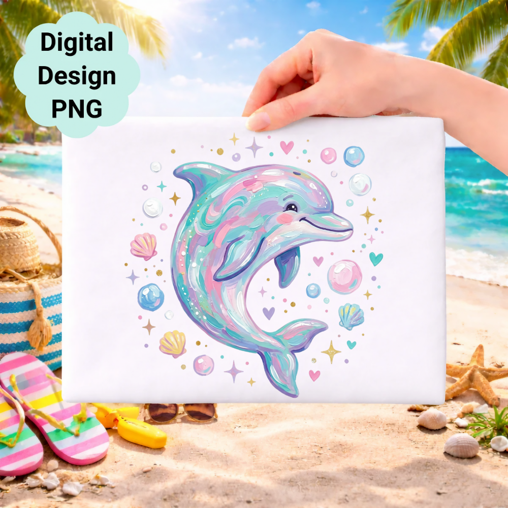 Cartoon dolphin with seashells and hearts on a beach background.