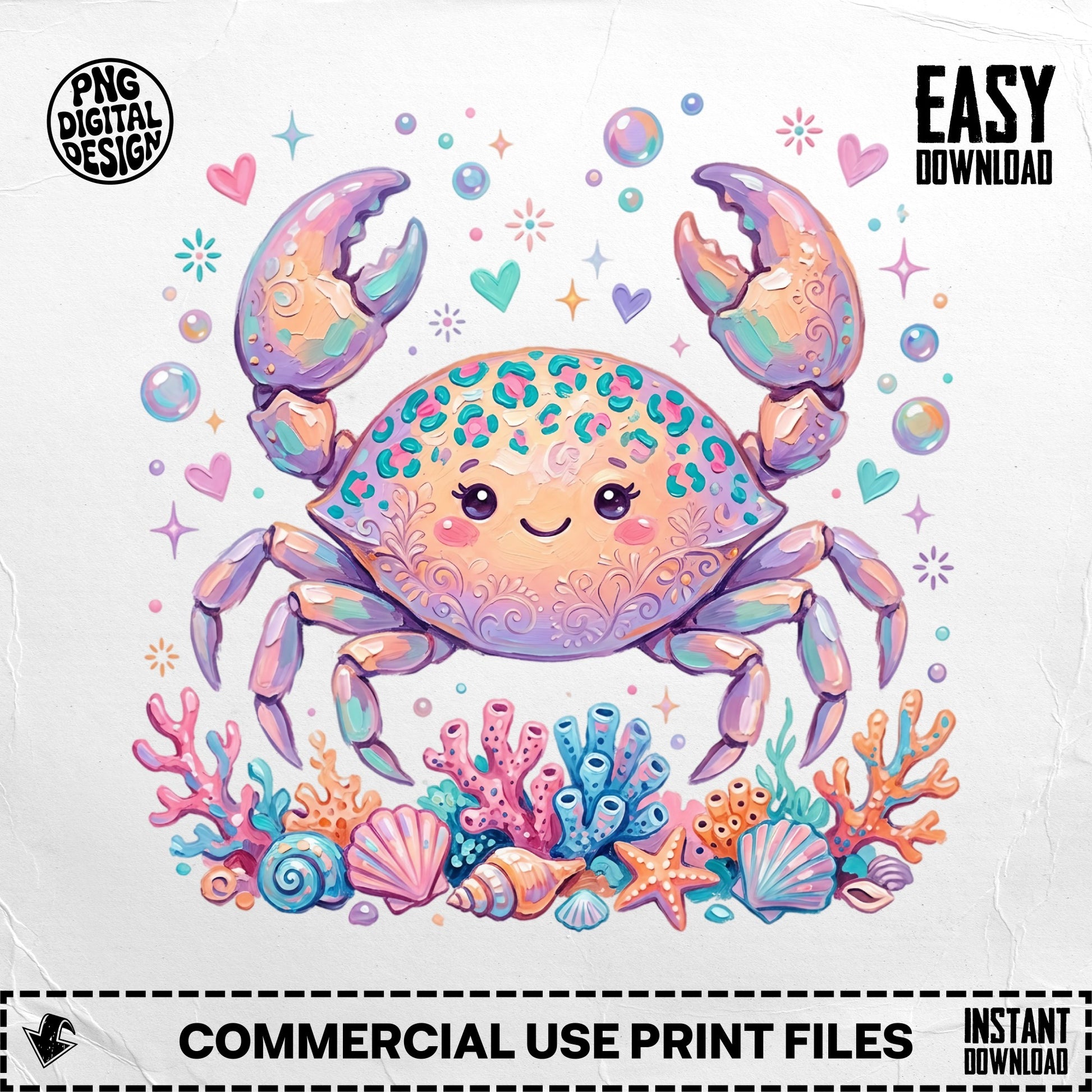 Kawaii crab surrounded by seashells, coral, and glittery stars.