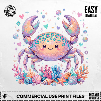 Kawaii crab surrounded by seashells, coral, and glittery stars.