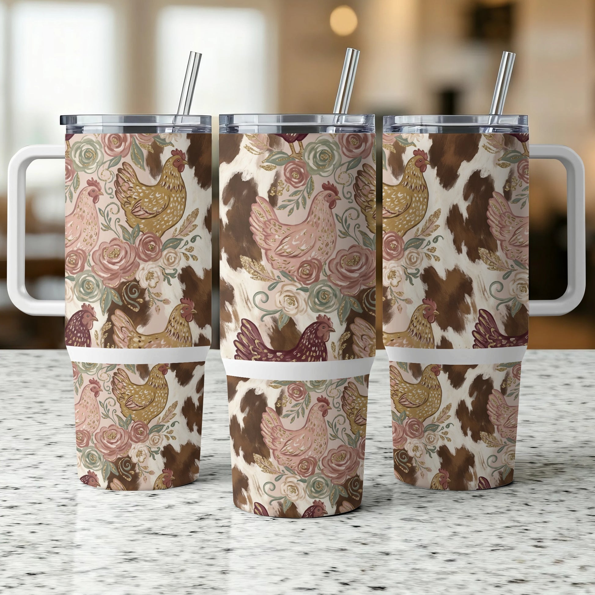 Three tumblers with a cowhide, chicken, and floral pattern.