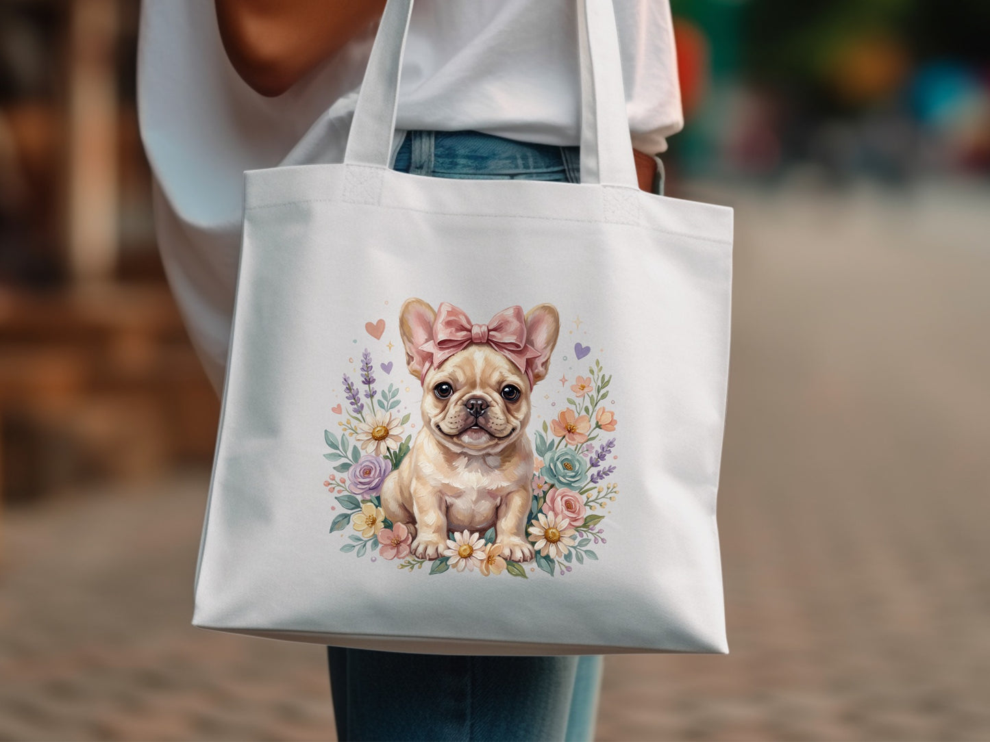 French bulldog wearing a pink bow surrounded by a floral wreath on a white tote bag.