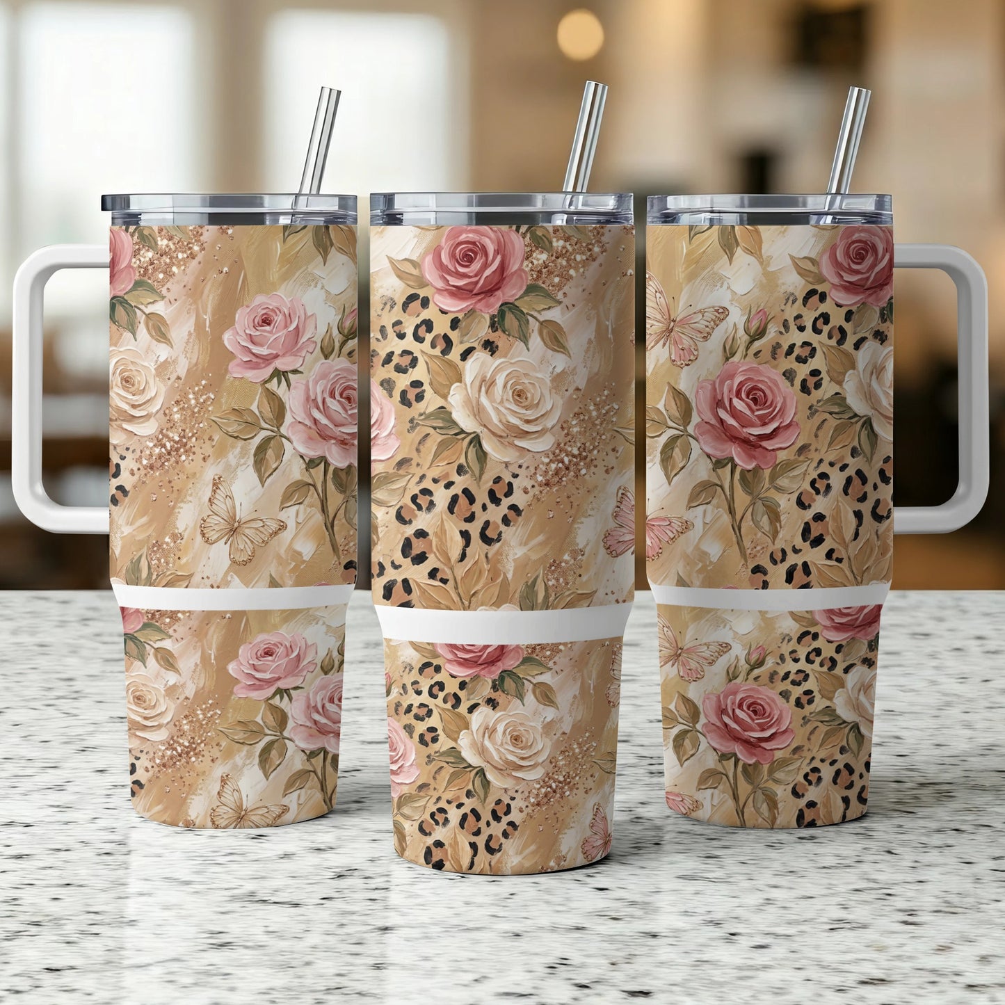 Three tumblers with floral, leopard print, and butterfly designs.