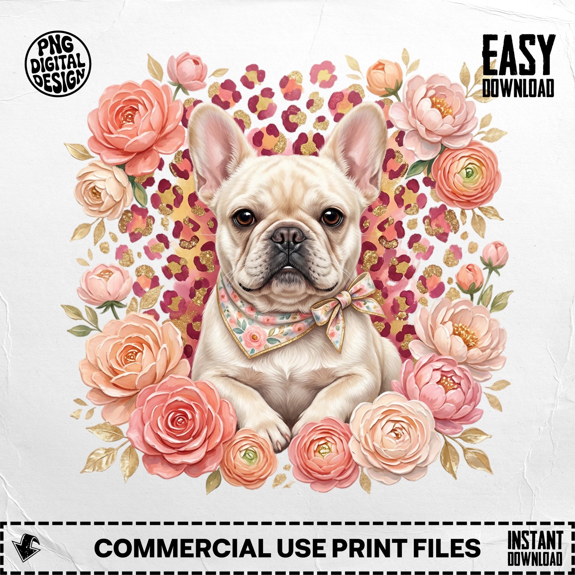 French bulldog surrounded by pink roses and leopard print with "Easy Download" text.