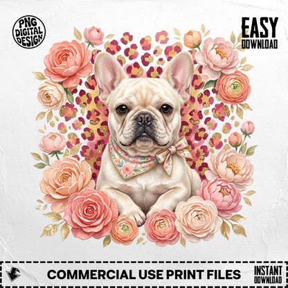 French bulldog surrounded by pink roses and leopard print with "Easy Download" text.
