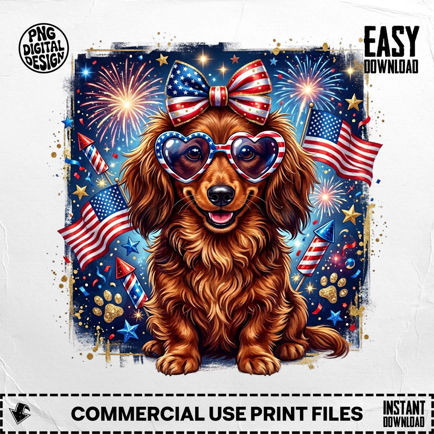 Dachshund wearing patriotic sunglasses and bow with fireworks and American flags.