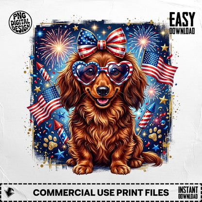 Dachshund wearing patriotic sunglasses and bow with fireworks and American flags.