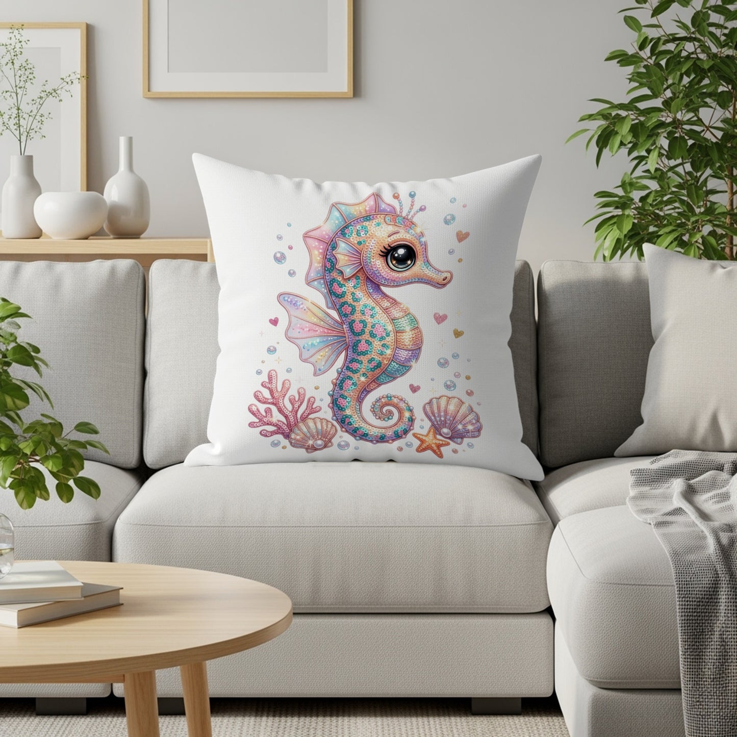 Decorative pillow with a whimsical seahorse, shells, and starfish design.