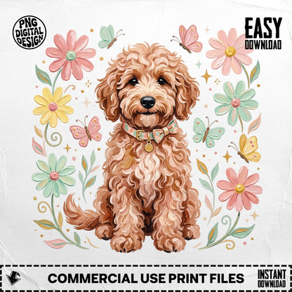 Fluffy goldendoodle wearing a bow tie surrounded by flowers and butterflies.