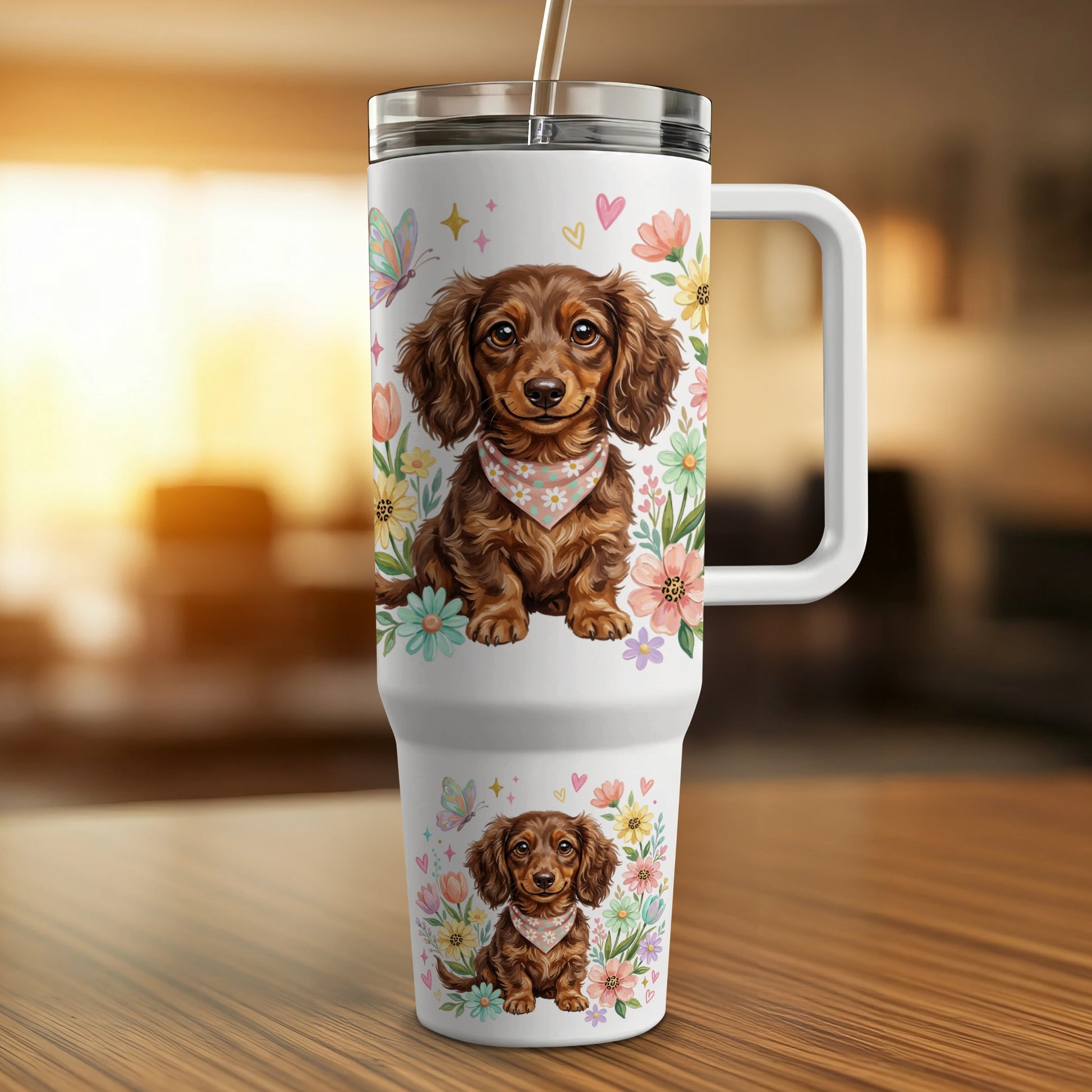 Dachshund on tumbler with bandana and floral accents.