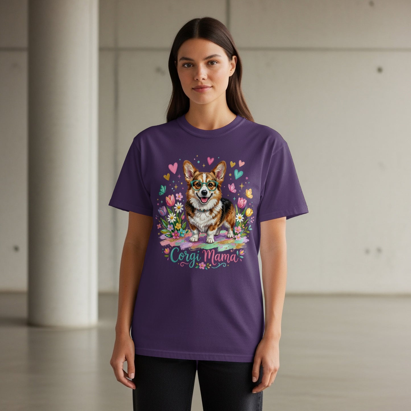 Purple t-shirt with a corgi and flowers, reading "Corgi Mama".