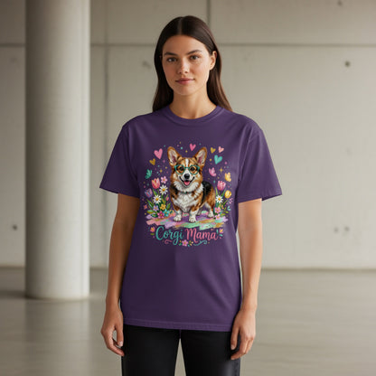 Purple t-shirt with a corgi and flowers, reading "Corgi Mama".