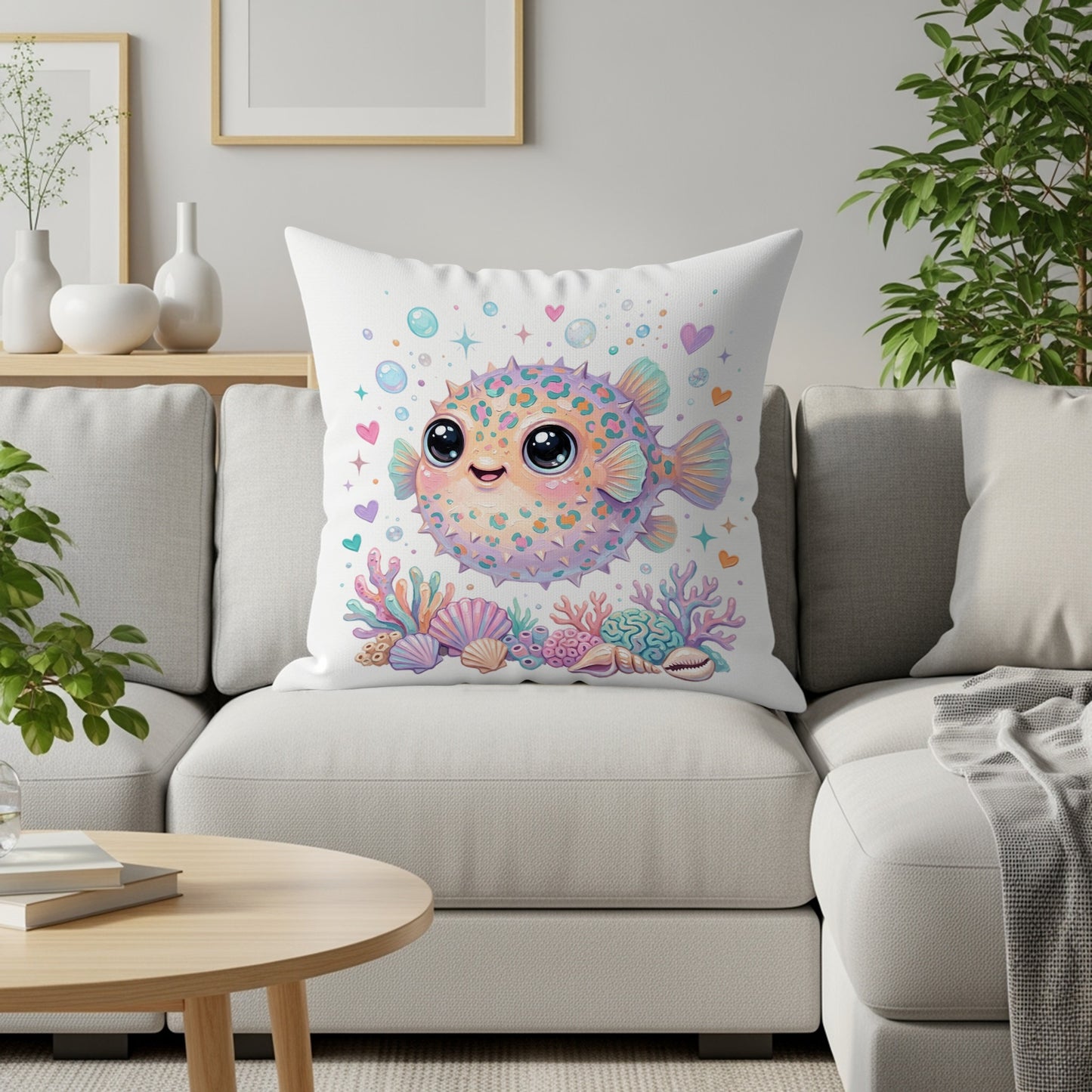 Cartoon pufferfish with colorful accents on a throw pillow.