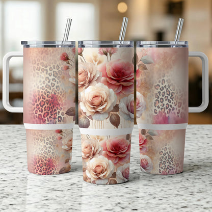 Three tumblers with floral and leopard print designs, one in front.