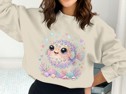 Crewneck sweatshirt featuring a cartoon pufferfish with leopard print and coral reef graphics.