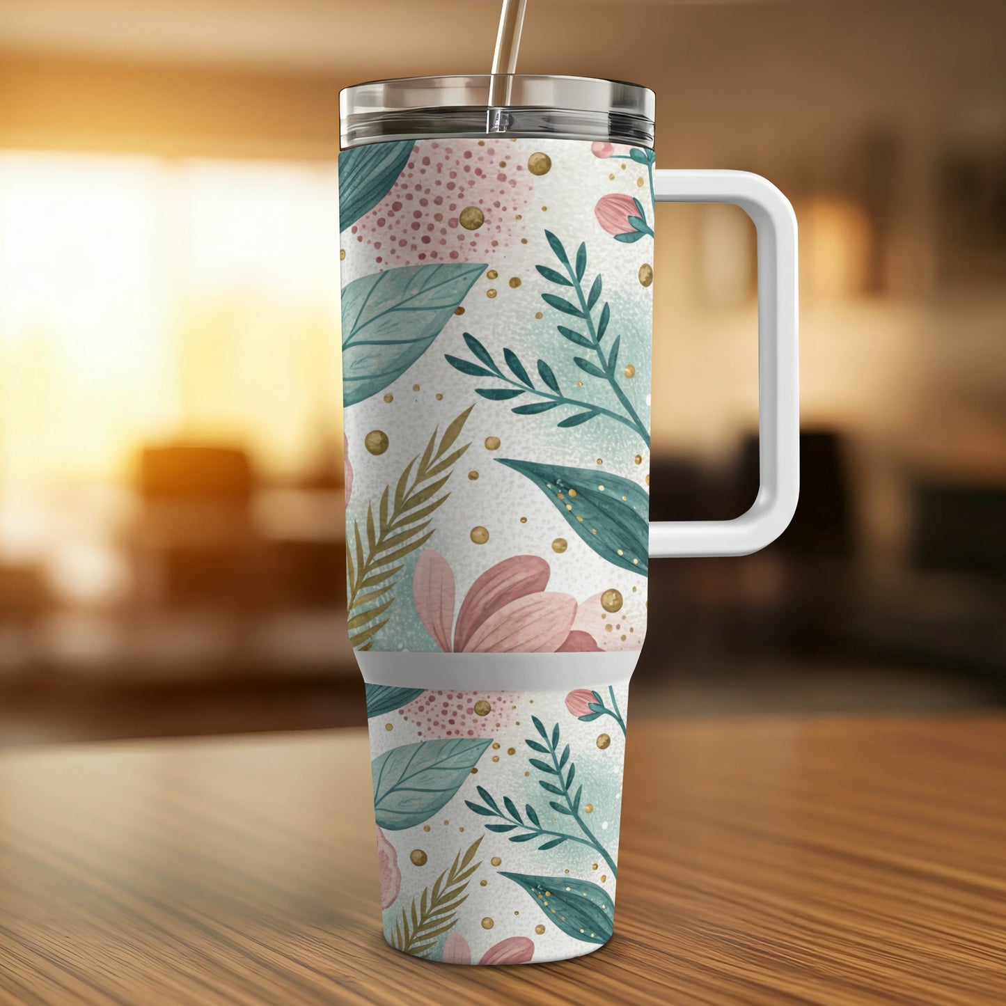 Floral tumbler with handle and straw on wooden surface.