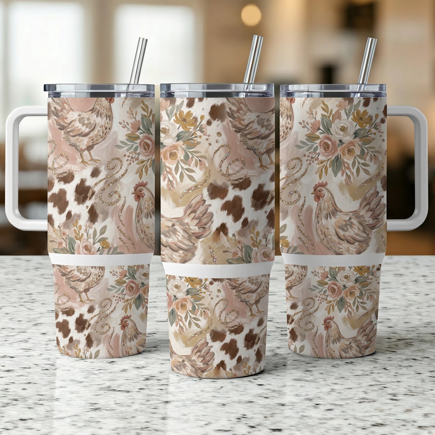 Three tumblers with chicken and floral cowhide pattern.