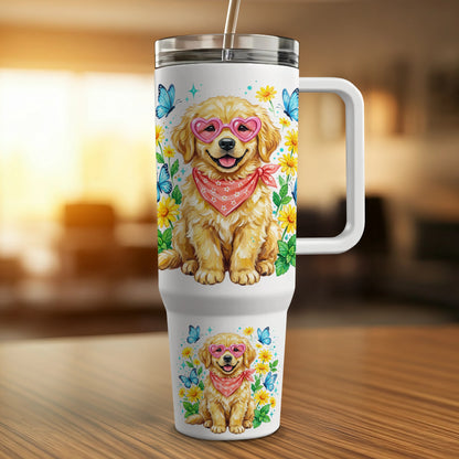 Golden retriever puppy wearing heart sunglasses and bandana on white tumbler with butterflies and flowers.