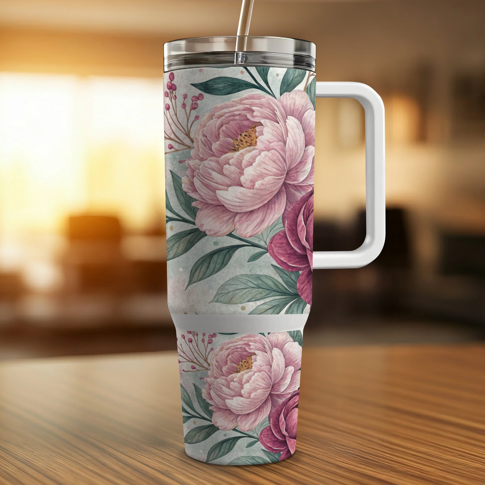 Tall tumbler with pink peony floral pattern and handle, on a wooden surface.
