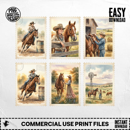 Six postage stamps featuring cowboys and horses in rustic settings.