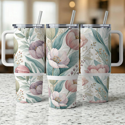 Three floral tumblers with handles and straws on a speckled countertop.
