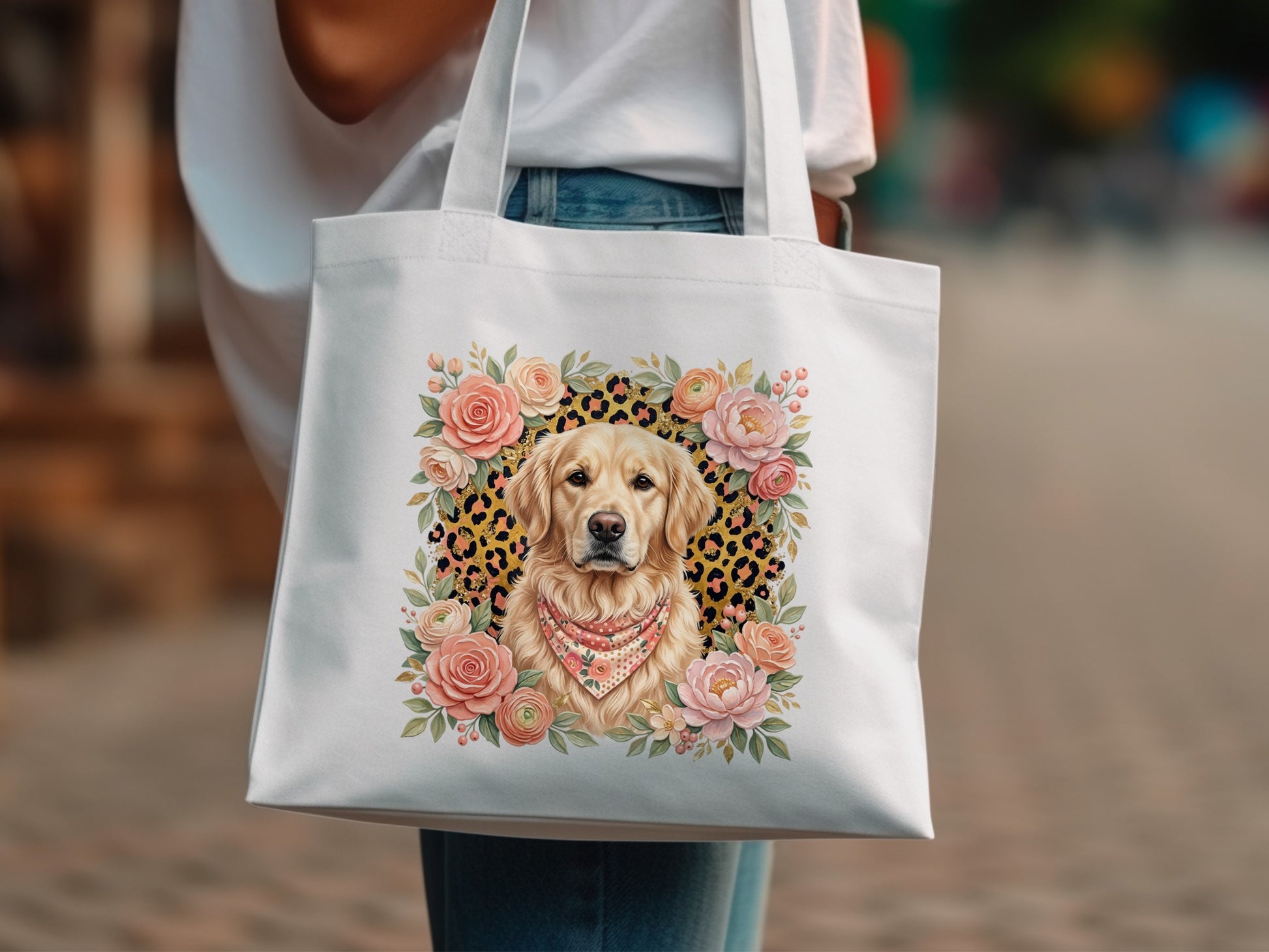 White tote bag with a golden retriever portrait surrounded by flowers and leopard print.