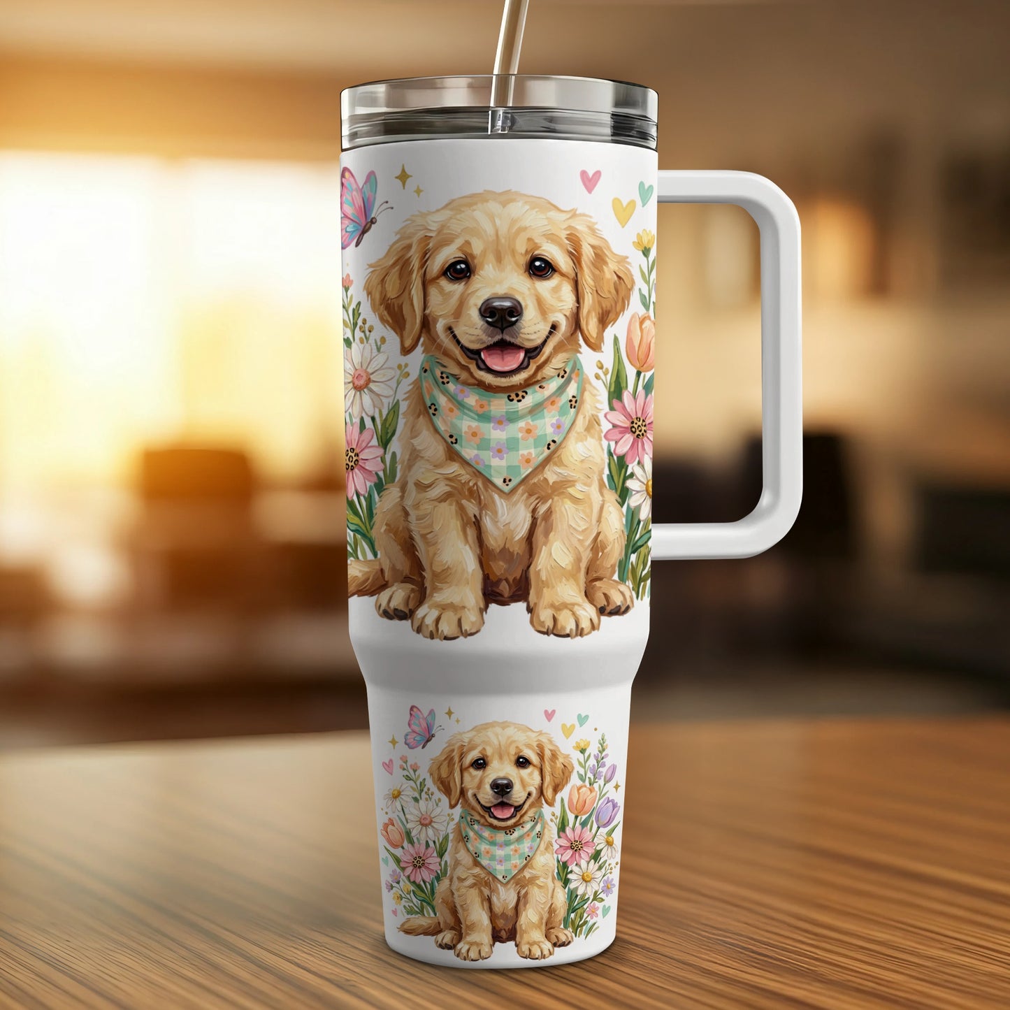 Golden retriever puppy with bandana on a tumbler with floral accents.