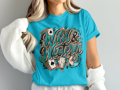 Turquoise t-shirt with "Wild & Western" text, skull, cards, and horseshoe graphic.