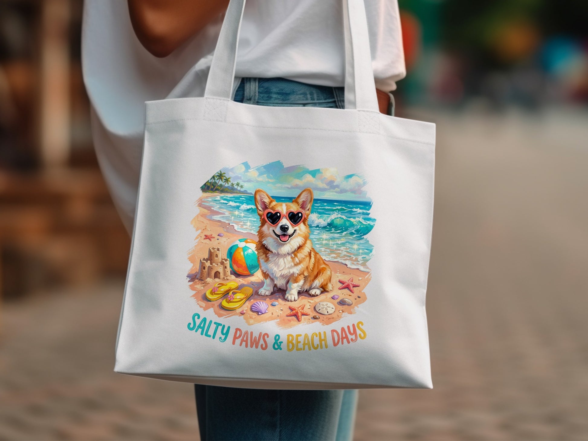 Corgi wearing sunglasses on a beach, "Salty Paws & Beach Days" text.