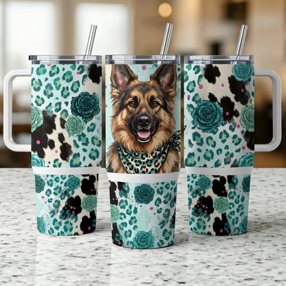 German Shepherd with bandana on turquoise leopard cow print tumbler.