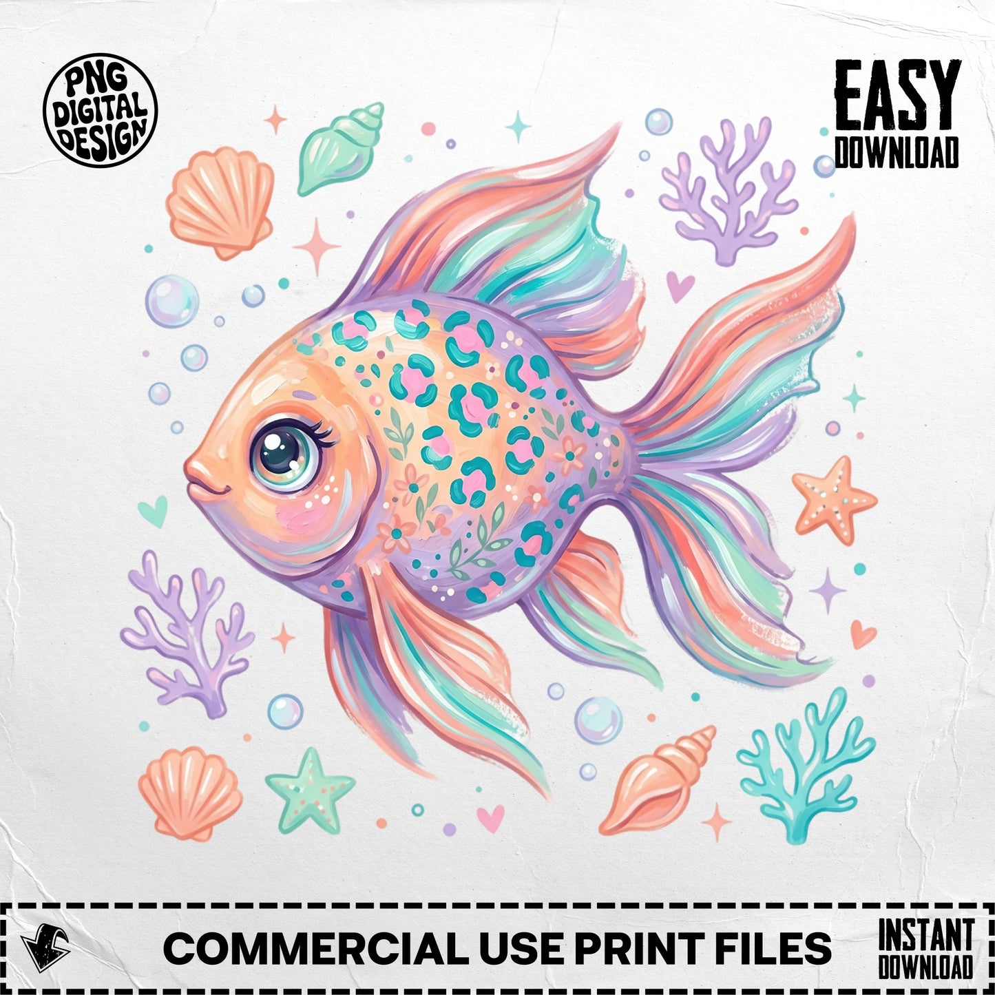 Colorful patterned fish surrounded by seashells and coral with "EASY DOWNLOAD" text.