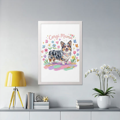 Corgi Mama framed art with colorful butterflies and flowers.