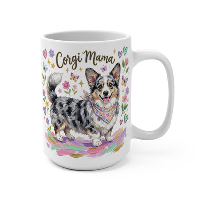 Corgi Mama mug with a happy Corgi wearing a bandana, surrounded by flowers and butterflies.